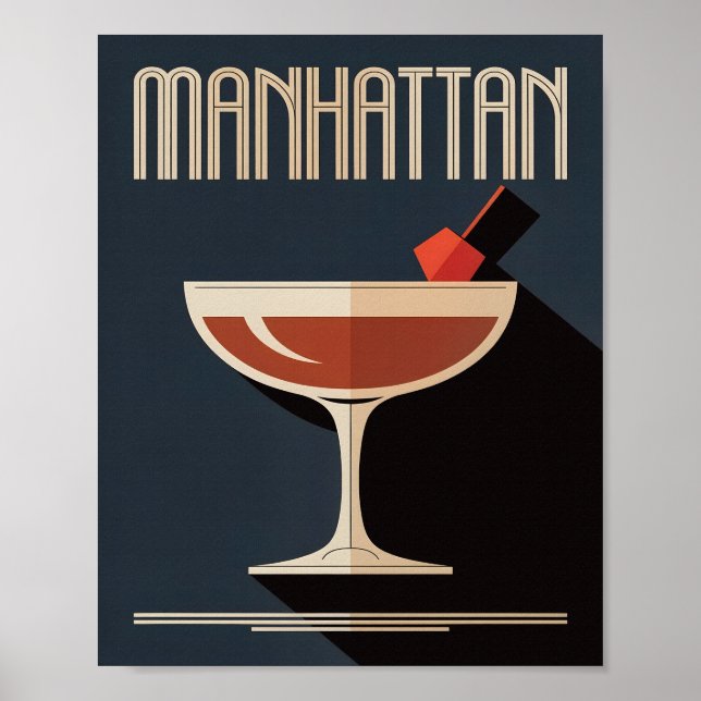 Vintage Mörk Navy Manhattan Dryck Illustration Poster (Framsidan)