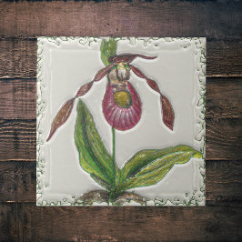 Vintage Mörk Red Dam Slipper Orchid Botanical Kakelplatta