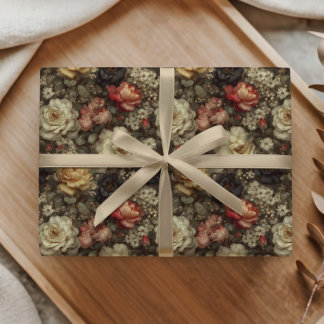 Vintage Mörka Blommor Ros Pion Rosa Kräm Mönster Presentpapper