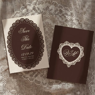 Vintage Mörkbrun Spets Oval Doily Bröllop Spara Datumet