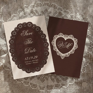 Vintage Mörkbrun Spets Oval Doily Bröllop Spara Datumet