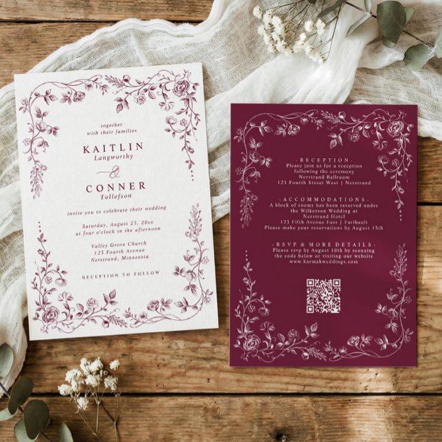 Vintage Mörkröd Vin Fransk Blommig Bröllop Inbjudningar (burgundy wine floral vintage French wedding invitation with chinoiserie frame)