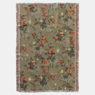 Vintage Mörkt Blommigt Orange Ros Botaniskt Mönste Filt