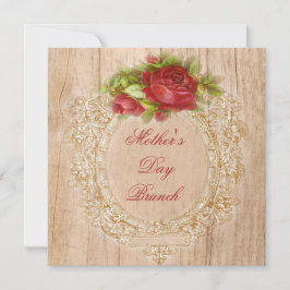 Vintage Mors dag Brunch Röd ros Wooden Ram Inbjudningar