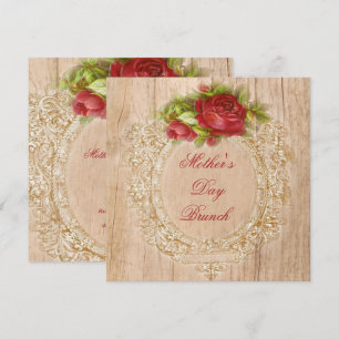 Vintage Mors dag Brunch Röd ros Wooden Ram Inbjudningar