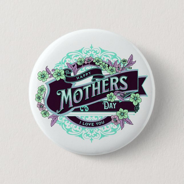 Vintage Mors dag Grönt Lila Blommigt Knapp (Framsida)