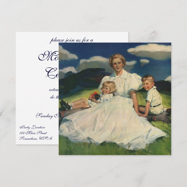 Vintage Mors dag, Mamma med barn Inbjudningar (Fram/baksida)