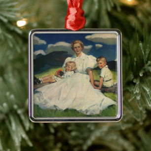 Vintage Mors dag, Mamma med barn Julgransprydnad Metall