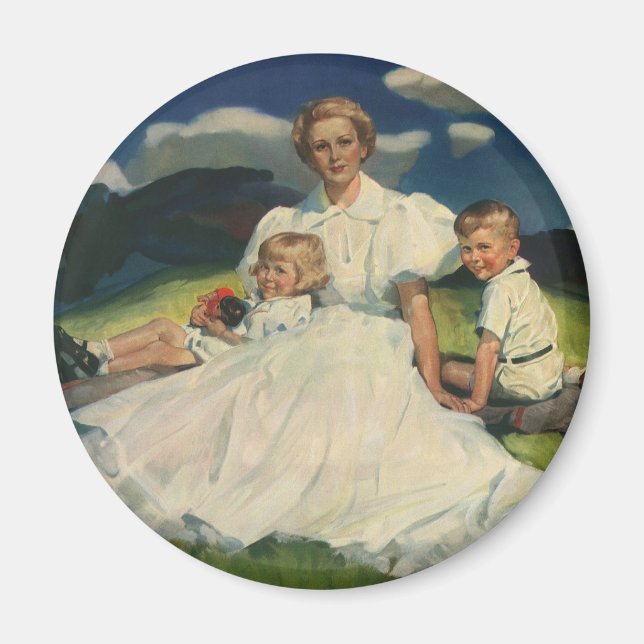 Vintage Mors dag, Mamma med barn Magnet (Framsidan)