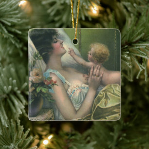 Vintage mors dag, viktoriansk mamma med bebis julgransprydnad keramik
