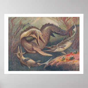 Vintage Mosasaurus vs. Ichthyosaurs Skriv ut Poster