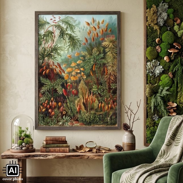 Vintage Mossväxter av Ernst Haeckel, Muscinae Poster (Vintage illustration nature botanical design, Muscinae by Ernst Haeckel. Many tropical mosses.)