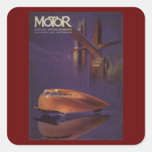Vintage Motor Magazine-omslag, futuristisk stadsbi Fyrkantigt Klistermärke