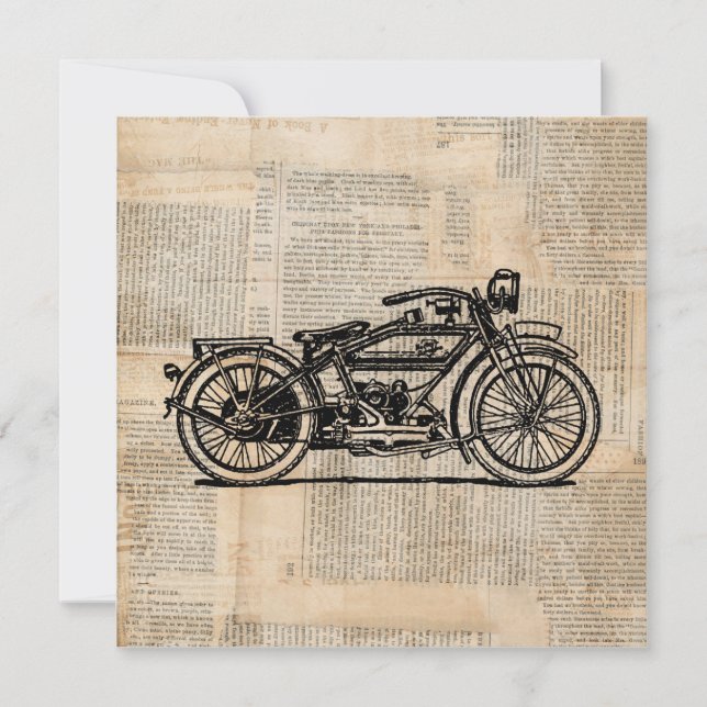 Vintage Motorcycle Art Newspaper Text Stil Inbjudningar (Framsida)