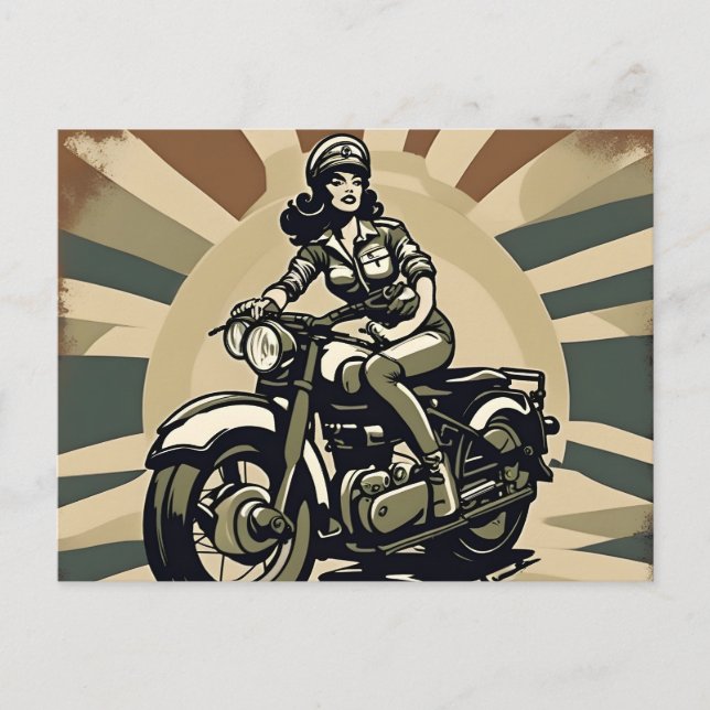 Vintage Motorcycle Woman Vykort (Framsida)