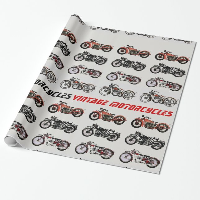 VINTAGE MOTORCYKLAR röd vit grått svart Presentpapper (Utrullad)