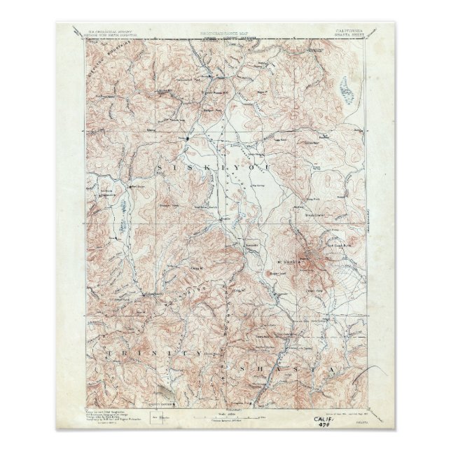 Vintage Mount Shasta Topografiska Karta Fototryck (Framsidan)