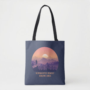 Vintage Mountain Forest Hikers Sunset lila oran Tygkasse