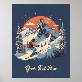Vintage Mountain Gräs Skiing orange Sunset Poster
