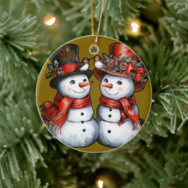 Vintage Mr. & Mrs. Snögubbe Julgransprydnad Keramik