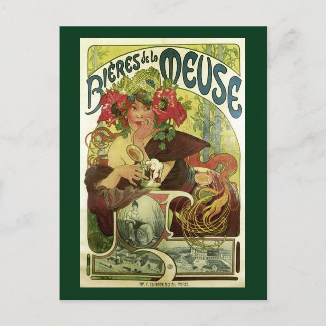 Vintage Mucha Beer Annons Vykort (Framsida)