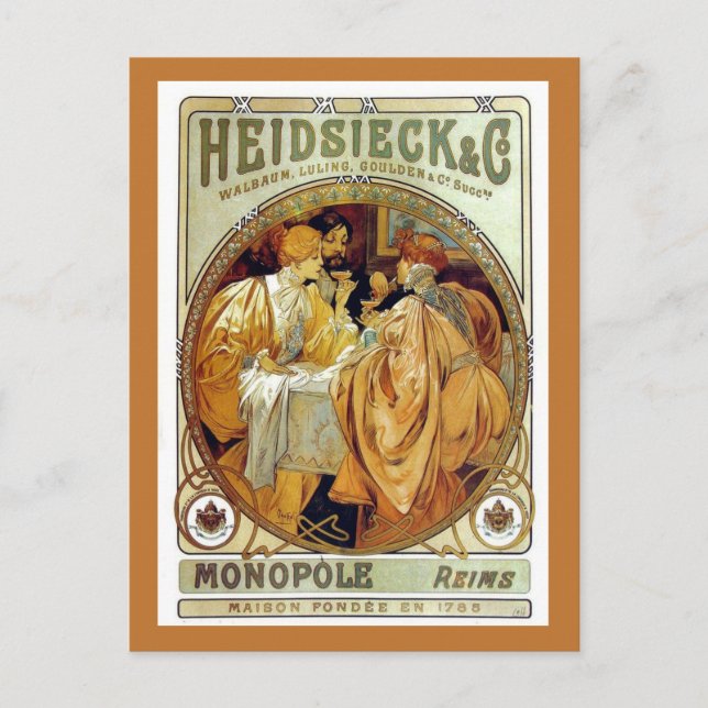 Vintage Mucha Heidsieck & Co. Vykort (Framsida)