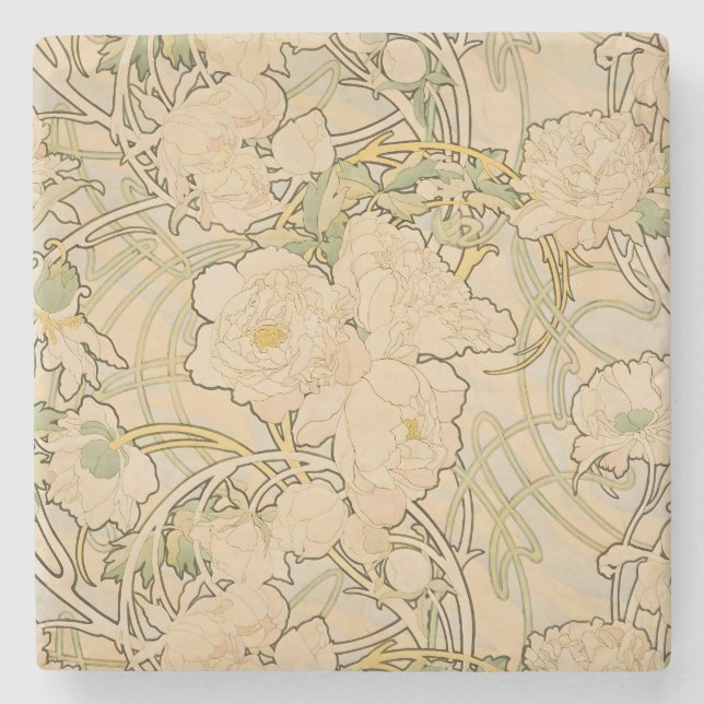 Vintage Mucha Pion Blomma Botanisk Trädgård Konst Stenunderlägg (Framsidan)