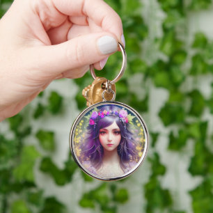 Vintage Mucha Stil Benice Woman Porträtt Rund Silverfärgad Nyckelring