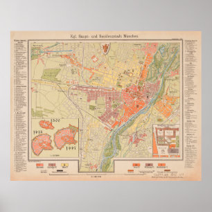 Vintage München Tyskland Karta (1890) Poster
