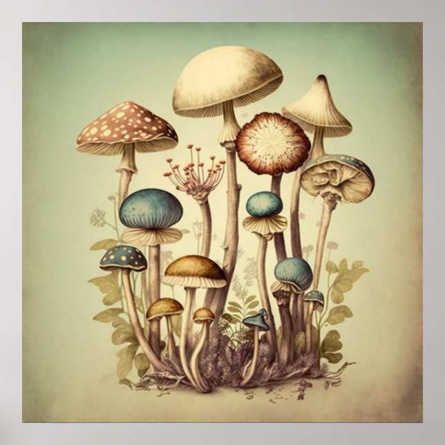 Vintage Mushroom Digital Art 12 Poster (Framsidan)