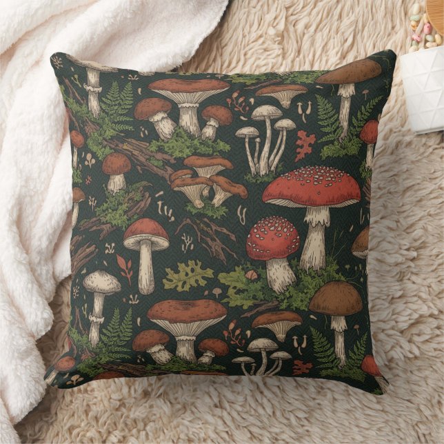 Vintage Mushroom Forest Botanical Kudde (Filt)
