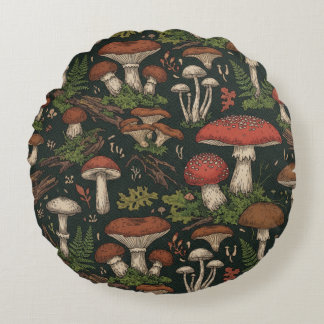 Vintage Mushroom Forest Botanical Rund Kudde
