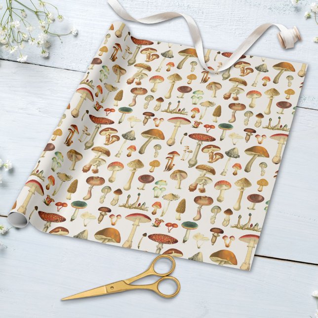 Vintage Mushroom Mönster Presentpapper (Close up)