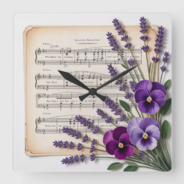 Vintage Music and Lavender Pansies Floral Fyrkantig Klocka