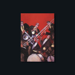 Vintage Music, Art Deco Musical Jazz Band Jamming Canvastryck<br><div class="desc">Vintage illustration art deco-design med en musikbild med ett band av musiker som utför tromben,  trummor,  saxofon och andra instrument medan ledsångaren håller i en mikrofon.</div>