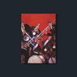 Vintage Music, Art Deco Musical Jazz Band Jamming Canvastryck<br><div class="desc">Vintage illustration art deco-design med en musikbild med ett band av musiker som utför tromben,  trummor,  saxofon och andra instrument medan ledsångaren håller i en mikrofon.</div>
