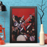 Vintage Music, Art Deco Musical Jazz Band Jamming Poster<br><div class="desc">Vintage illustration art deco-design med en musikbild med ett band av musiker som utför tromben,  trummor,  saxofon och andra instrument medan ledsångaren håller i en mikrofon.</div>