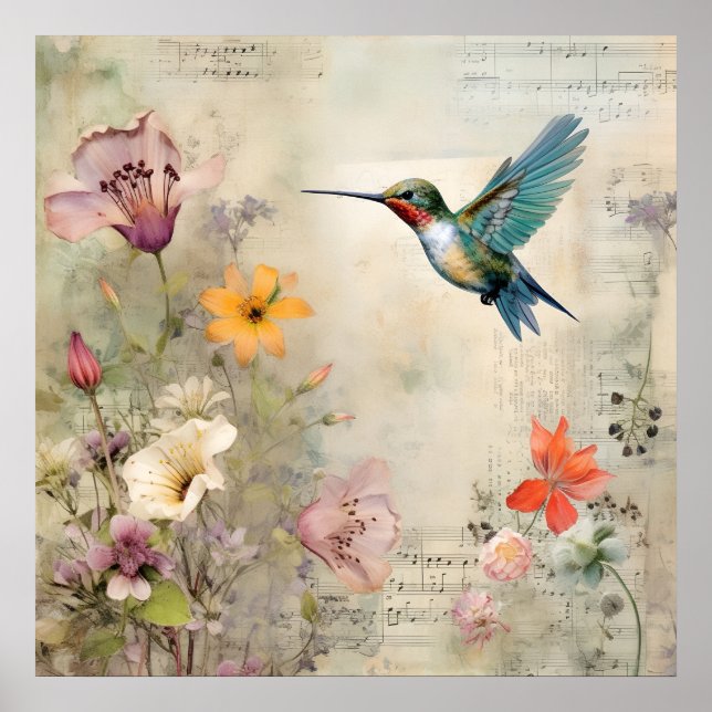 Vintage Music Blommigt Fransk Hummingbird Art Poster (Framsidan)