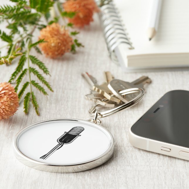 Vintage Music, gammalmodig retro-mikrofon Rund Silverfärgad Nyckelring (Sidan)