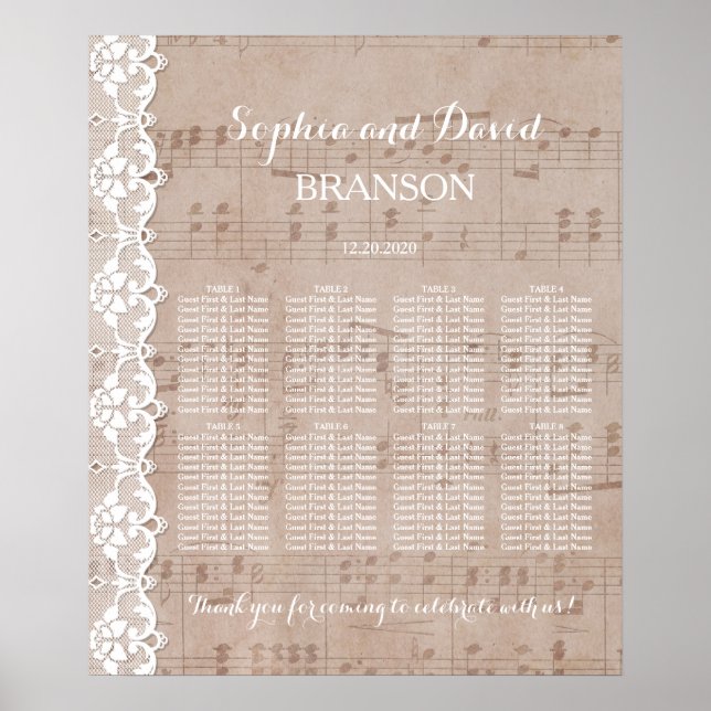 Vintage Music Lakan & Snöre Bröllop-sätesdiagram Poster (Framsidan)