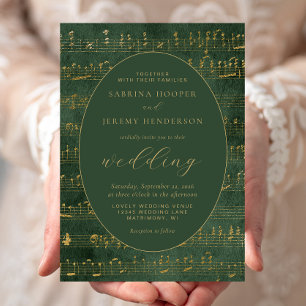 Vintage Music Manuscript Grönt Guld Bröllop Inbjudningar