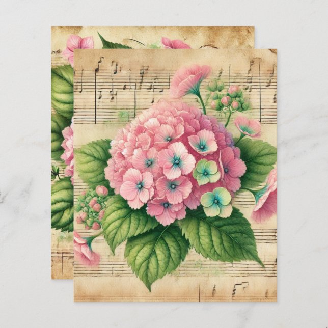 Vintage Music Rosa & Grönt Hydrangea Scrapbook (Fram/baksida)