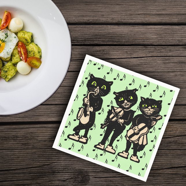 Vintage Musician Svarta katter Musik noter Pappersservett (Musical black cats instruments black music notes on light green paper party napkin.)