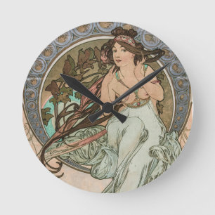 Vintage musik, från Les Arts, av Alphonse Mucha Rund Klocka