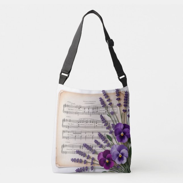 Vintage musik och lavendelpenséer Blommig Axelväska (Framsida)