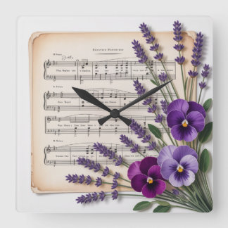 Vintage musik och lavendelpenséer Blommig Fyrkantig Klocka