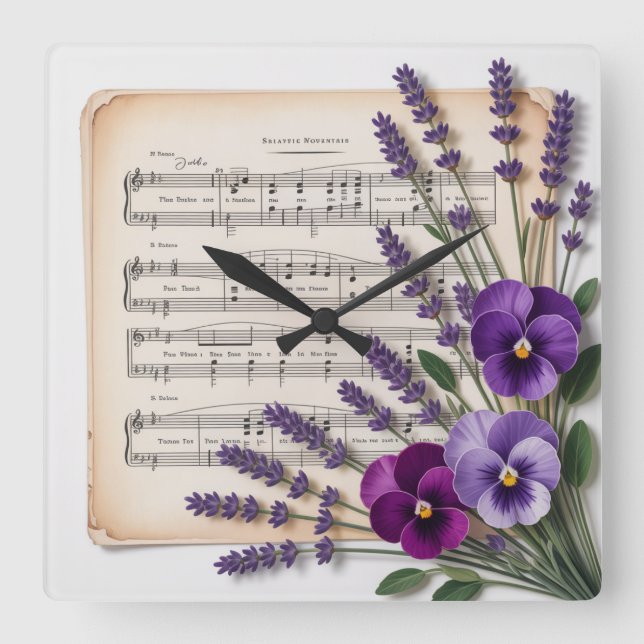 Vintage musik och lavendelpenséer Blommig Fyrkantig Klocka (Framsida)