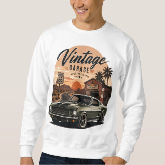 Vintage Mustang Route 66 Garage Solnedgång Grafisk Lång Ärmad Tröja