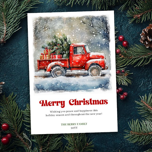 Vintage mysig rustik röd lastbil julscen kort (Vintage Cozy Rustic Red Truck Christmas Scene Card)