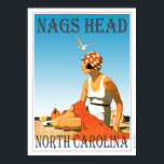 Vintage Nags Head North Carolina Beach Poster<br><div class="desc">En retro poster som aldrig varit tidigare. Ett kreativ om en gammal poster som borde ha gjorts. Nags Head-stranden i retro stil från konsthändan. Ljusa färger med en kvinna på stranden under blå himmel.</div>